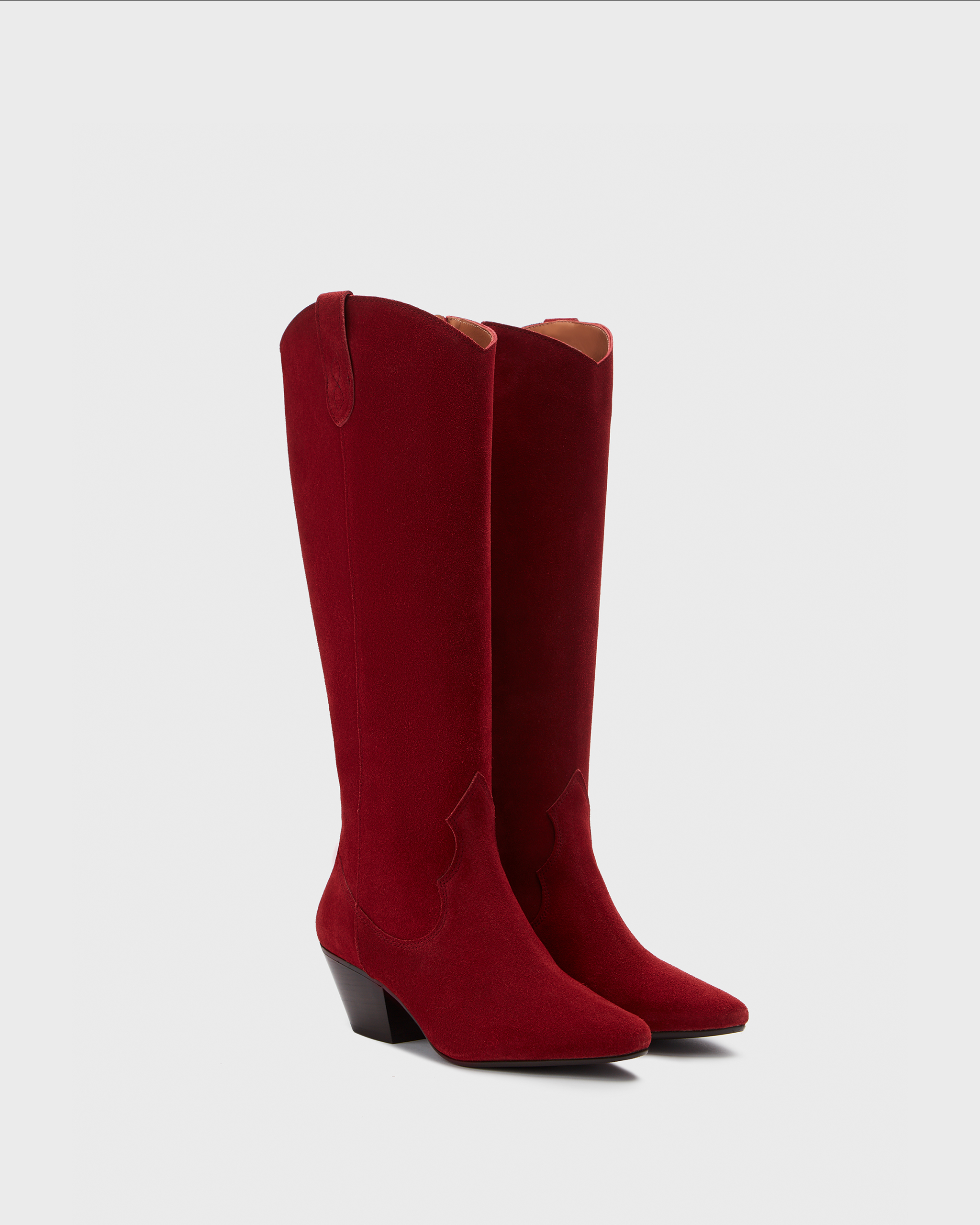 Knee high western style cowboy red suede heeled boot