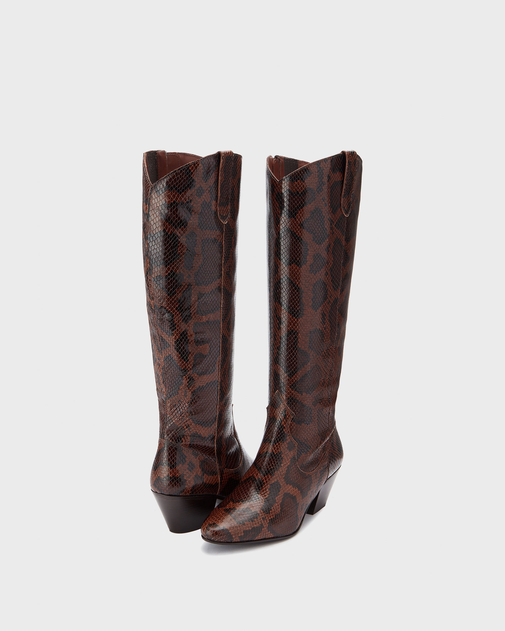 Saffron Soft Snake Print Leather Heeled Knee High Boots With Pointed Toe DuoBoots