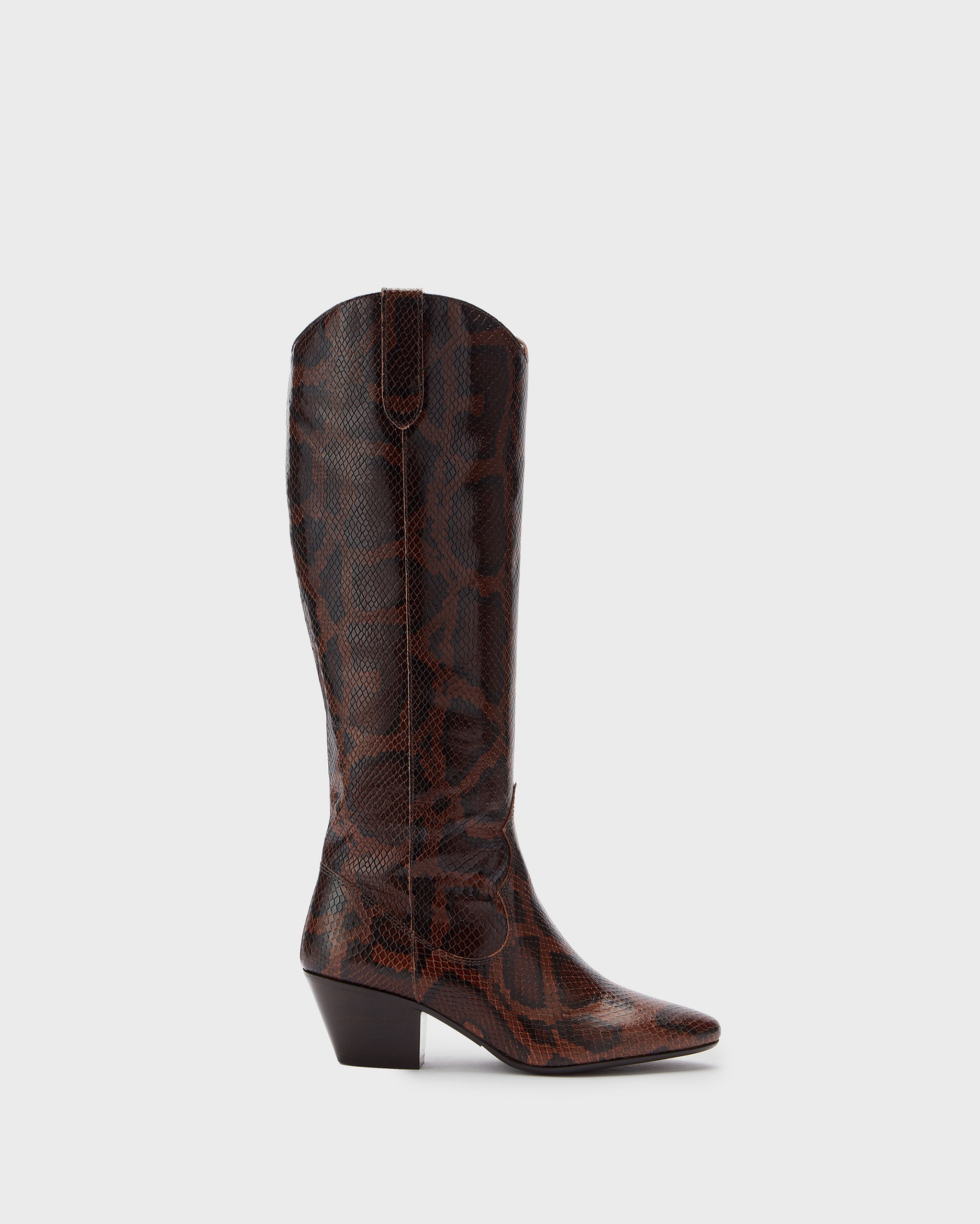 Saffron Western Style Snake Print Leather Heeled Knee High Boots DuoBoots