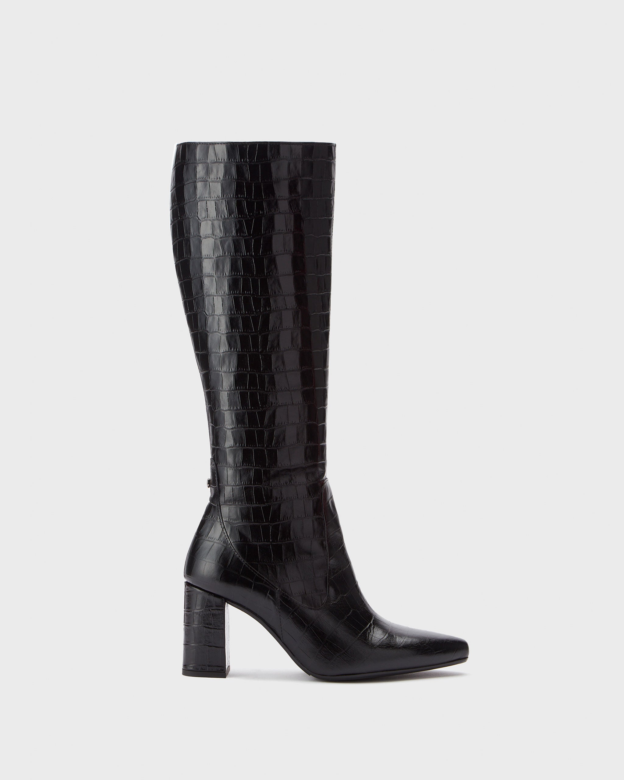 Tabitha Black Croc Printed Leather Heeled Knee High Boots DuoBoots