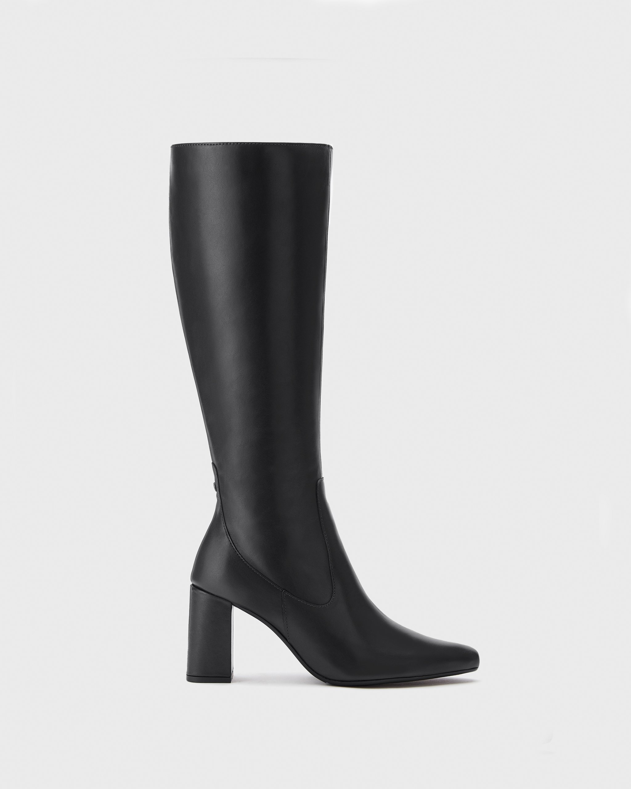 Knee high pointed black block heeled boot