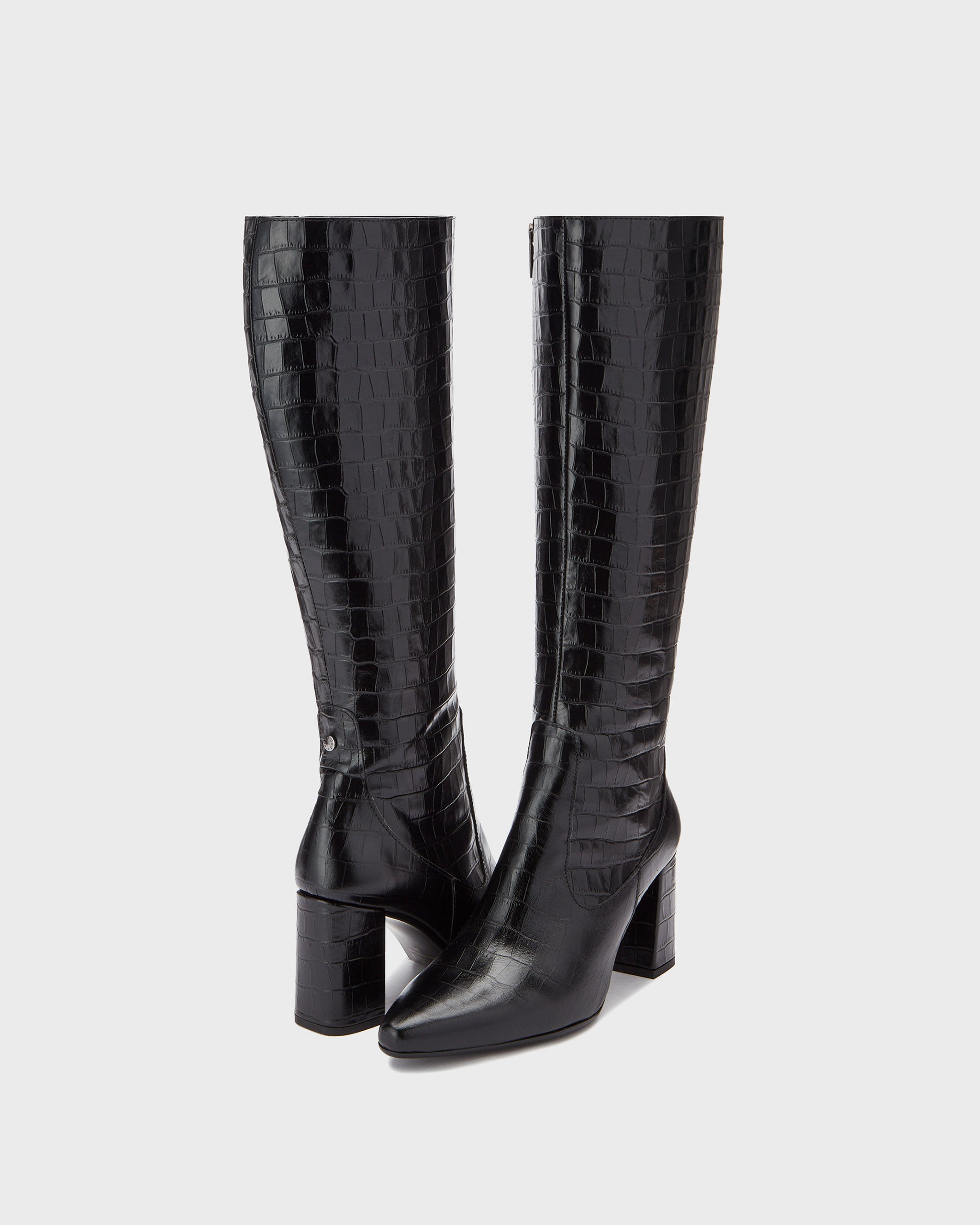 Tabitha Black Croc Printed Leather Mid-Heel Knee High Boots With Pointed Toe DuoBoots