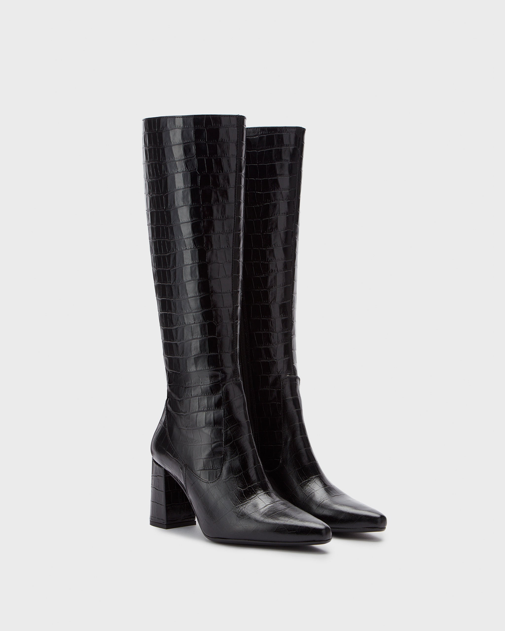 Tabitha Black Croc Printed Leather Block Heel Knee High Boots DuoBoots