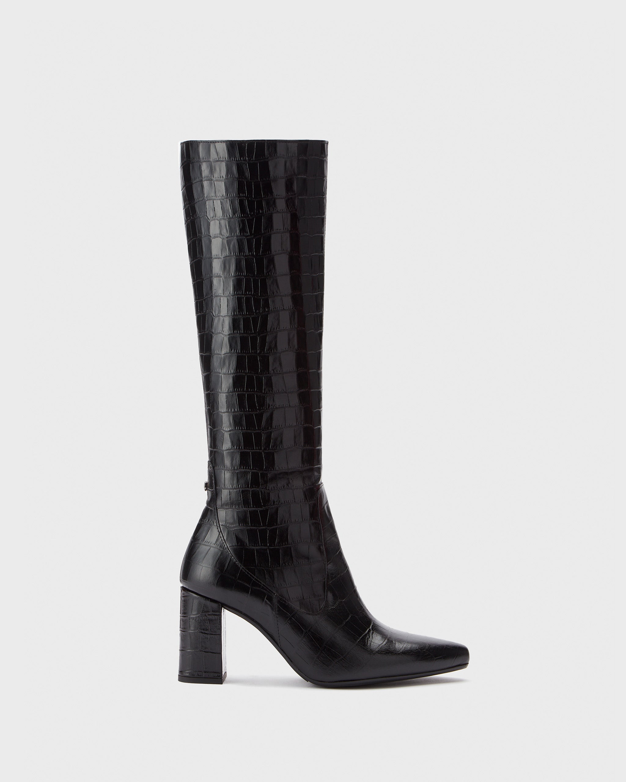Tabitha Black Croc Printed Leather Heeled Knee High Boots With Slim Fit DuoBoots