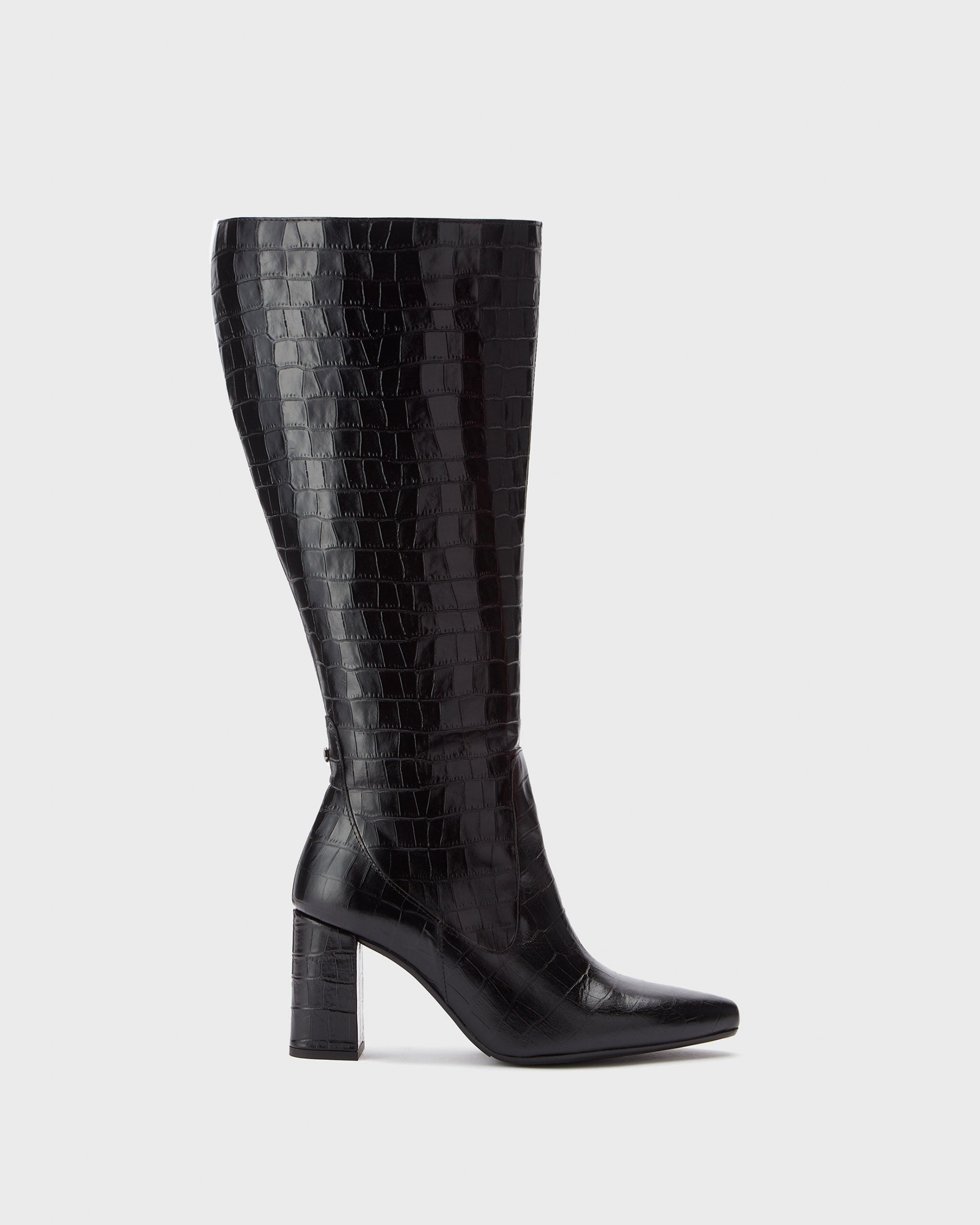 Tabitha Black Croc Printed Leather Heeled Knee High Boots With Pointed Toe And Wide Fit DuoBoots
