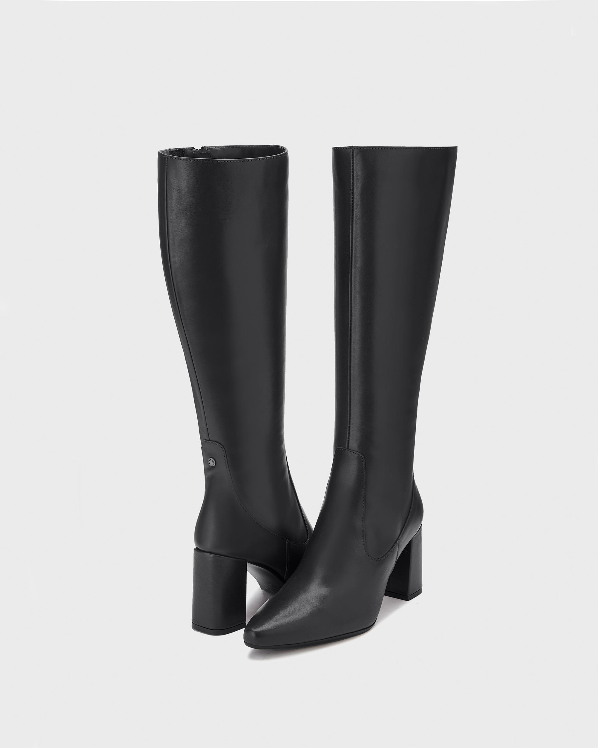 Knee high pointed black block heeled boot