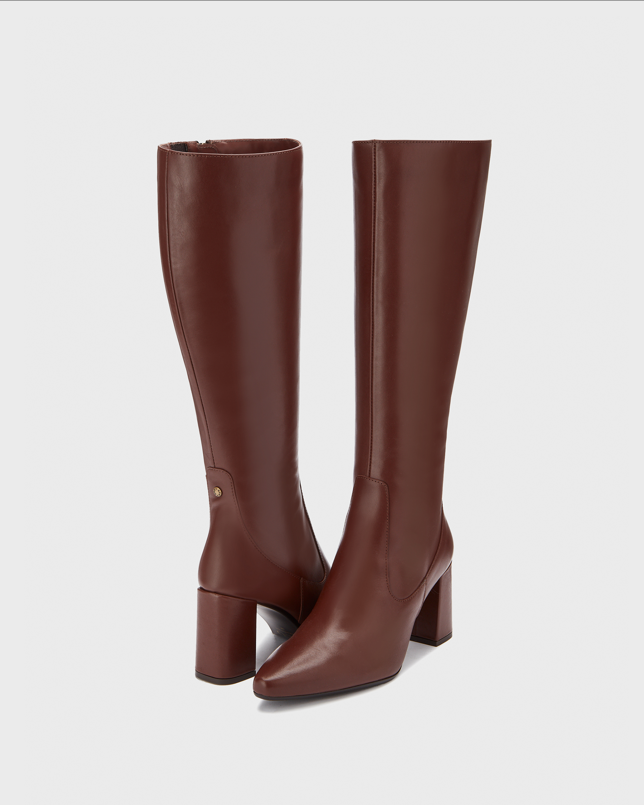 Knee high pointed brown block heeled boot