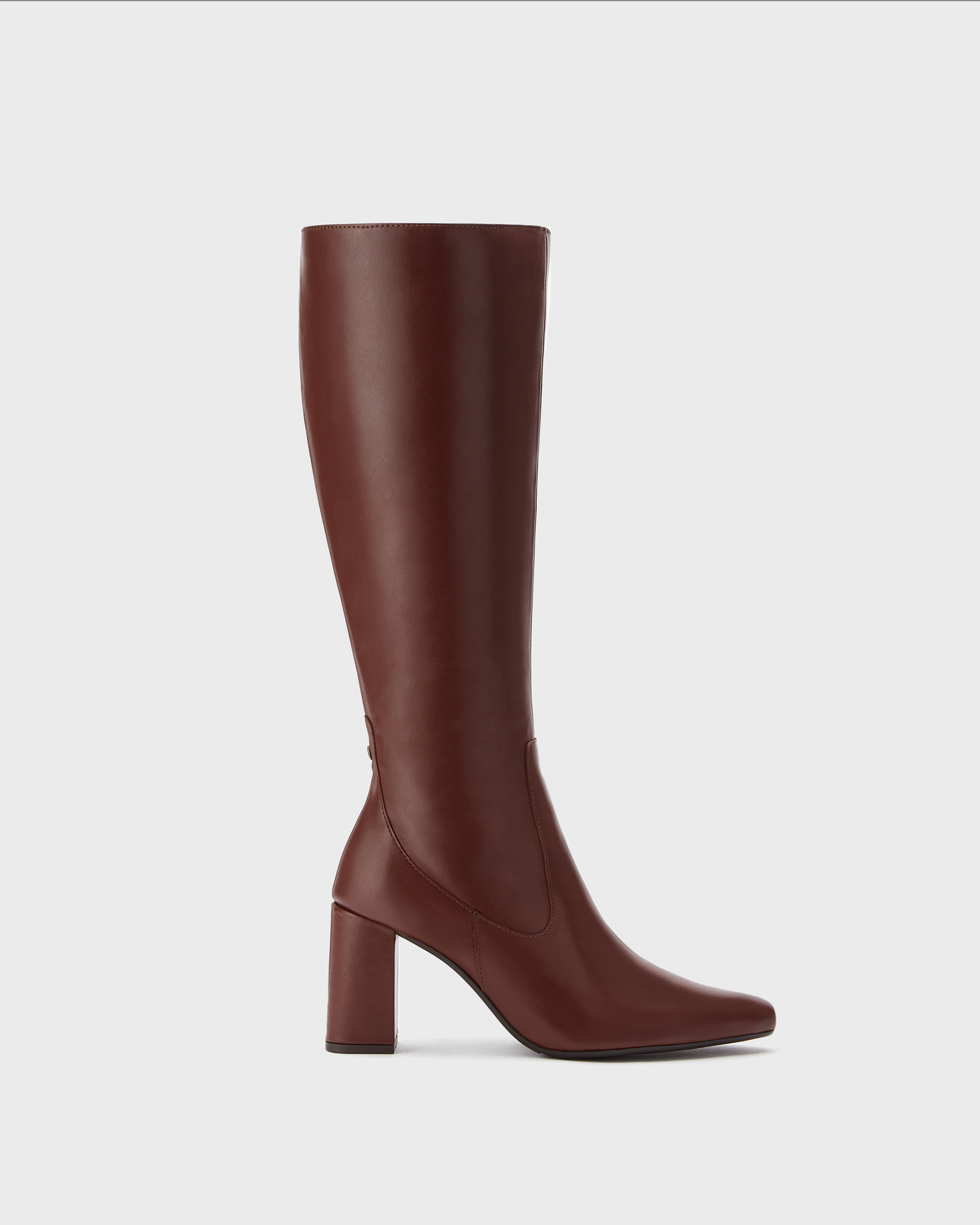 Knee high pointed brown block heeled boot
